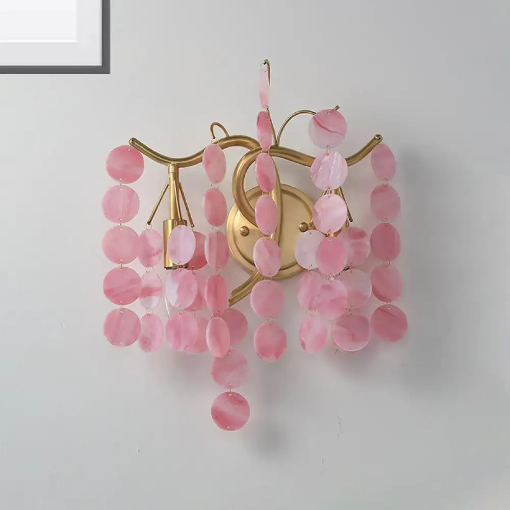 Pink translucent stone pendant wall lamp with gold-toned metal frame in modern branch design bedroom sconce style