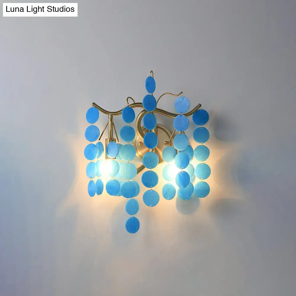 Modern branch design blue glass disc wall lamp with gold-toned metal frame for branch design bedroom sconce