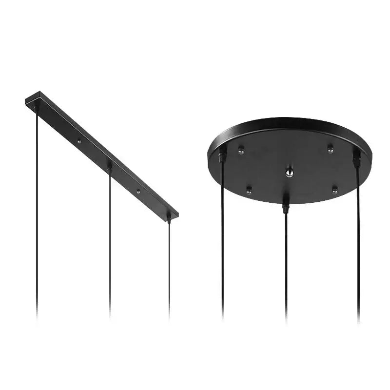 Black metal pendant light fixture with rectangular bar and circular mount featuring modern decorbites ceiling plate design