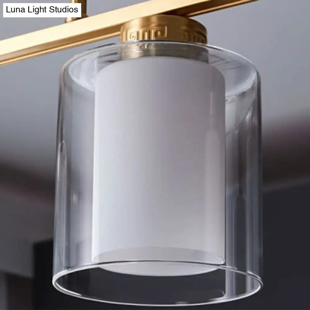 Decorbites traditional brass 3-light island lamp with clear frosted glass cylindrical suspension and gold-toned hardware