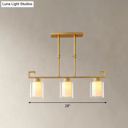 Decorbites traditional brass 3-light island lamp with gold finish glass cylindrical suspension and frosted glass cylindrical shades
