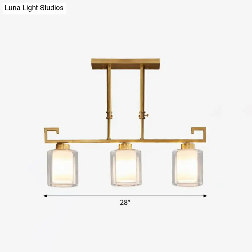 Decorbites traditional brass 3-light island lamp with gold-toned frame and clear glass cylindrical suspension shades
