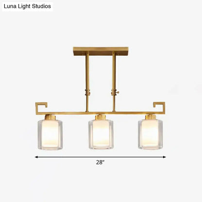 Decorbites traditional brass 3-light island lamp with gold-toned frame and clear glass cylindrical suspension shades