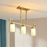 Decorbites traditional brass 3-light island lamp with gold-toned glass cylindrical suspension and frosted glass cylindrical shades