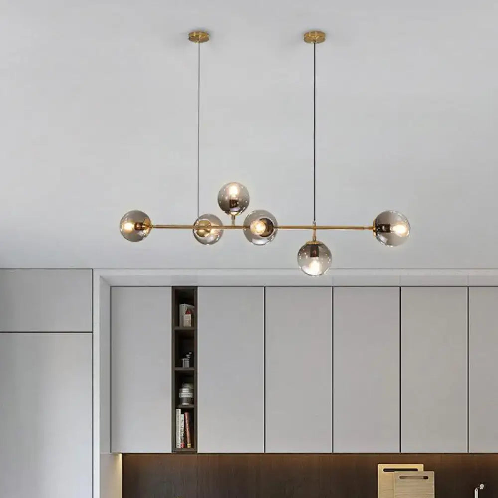 Modern brass 6-bulb island lamp with glass shade featuring five spherical glass bulbs for dining rooms 110v-120v 220v-240v