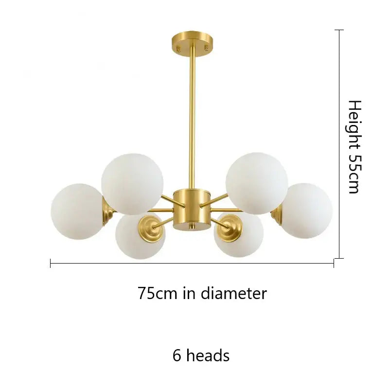 Modern brass 8-light pendant lights with gold finish and six frosted decorbites glass ball shades for dining room decor