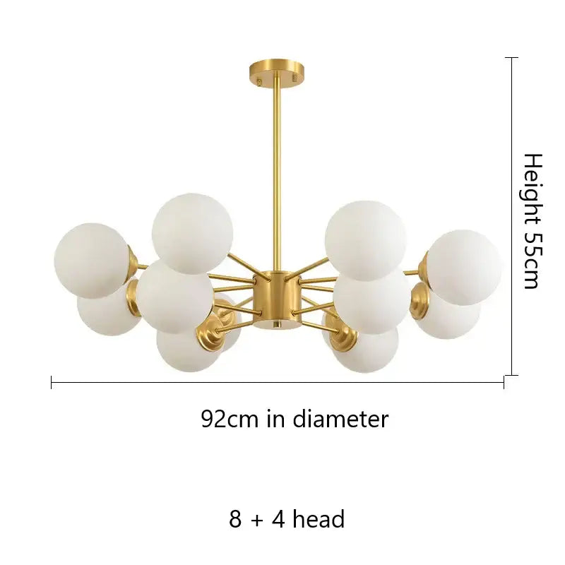 Modern brass 8-light glass ball pendant lights with gold-toned frame and frosted glass globes for dining room decorbites