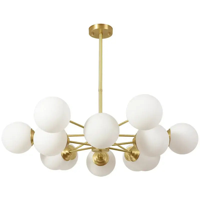 Modern brass 8-light pendant lights with gold-toned frame and frosted glass ball pendant design by decorbites glass ball