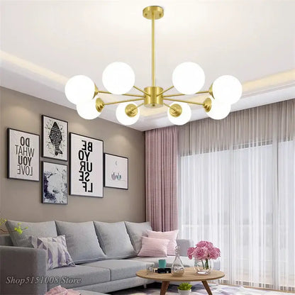 Modern brass pendant lights gold-toned with six frosted glass ball globes for dining room decorbites glass ball chandelier