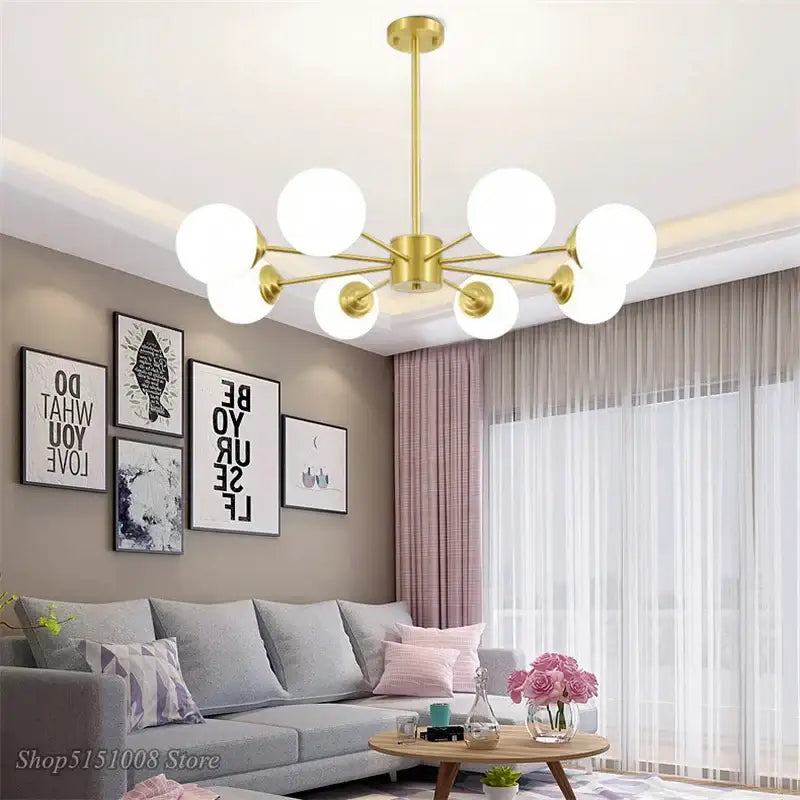 Modern brass pendant lights gold-toned with six frosted glass ball globes for dining room decorbites glass ball chandelier