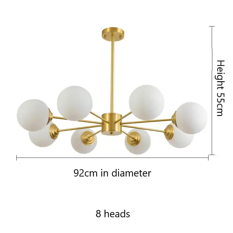 Modern brass 8-light pendant lights with gold-toned finish and frosted decorbites glass ball globes for dining room decor