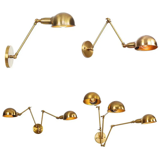 Modern brass adjustable arm wall sconces with dome shades in gold plated finish for bedroom decor wall lamps by decorbites