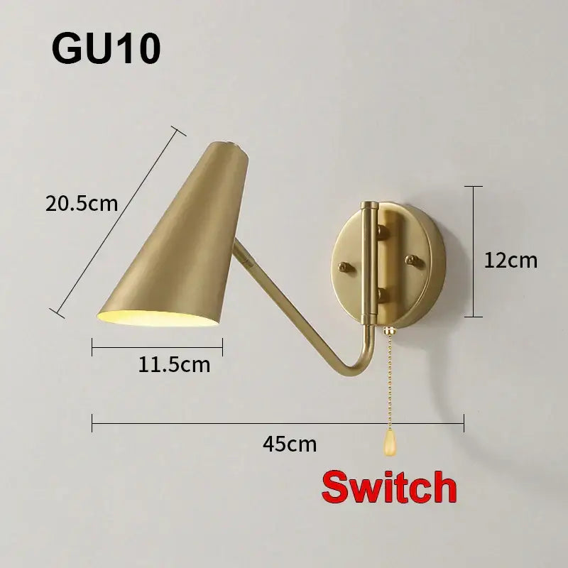 Modern brass adjustable e27 led wall lamp with brass-finished gu10 conical shade and adjustable arm for bedroom reading light