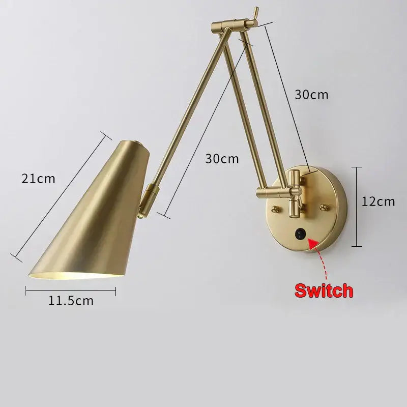 Modern brass adjustable e27 led wall lamp with conical shade and articulated arms for bedroom reading decorbites adjustable e27