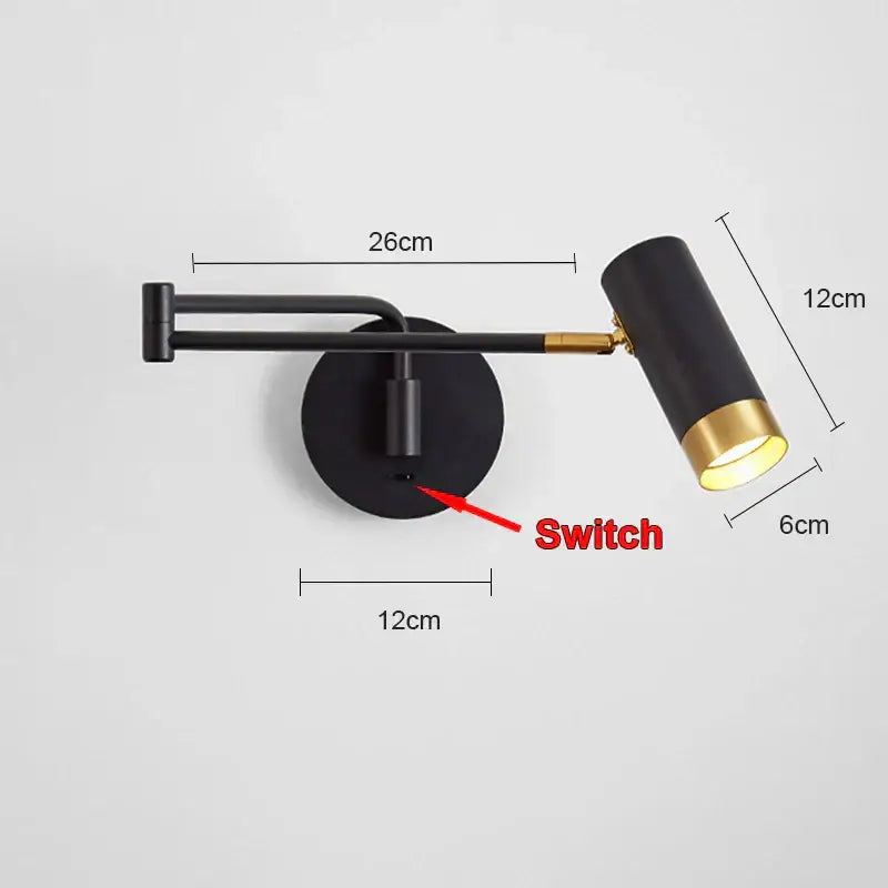 Modern brass adjustable e27 led wall lamp in black and gold with cylindrical shade for bedroom reading light