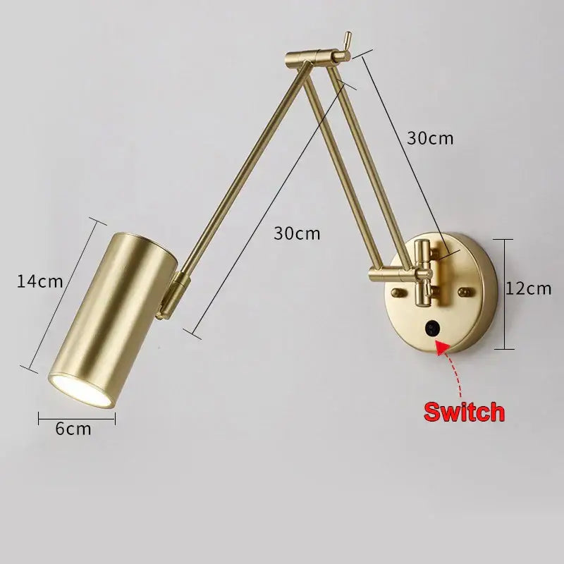 Modern brass wall lamp with gold finish, adjustable e27 led, cylindrical shade, and articulated arms for reading light
