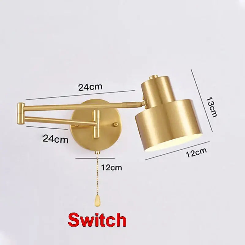 Modern brass adjustable e27 led wall lamp with gold finish, cylindrical shade, and pull-chain switch for reading light