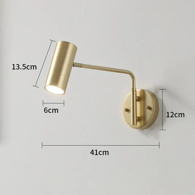 Modern brass adjustable e27 led wall lamp with gold finish cylindrical head and curved arm for bedroom reading light