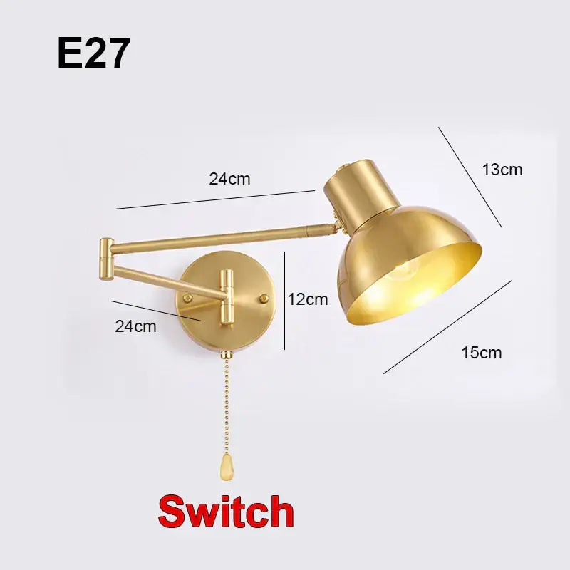 Modern brass adjustable e27 led wall lamp with gold-finished brass, adjustable arm, and pull-chain switch for reading