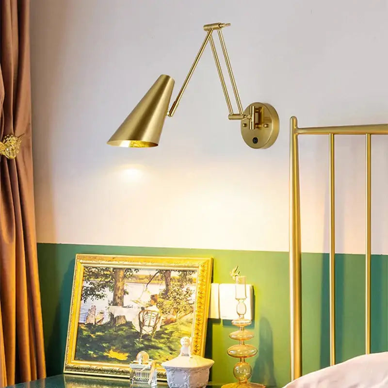 Modern brass adjustable e27 led wall lamp with gold conical shade and articulated arm for bedroom reading light