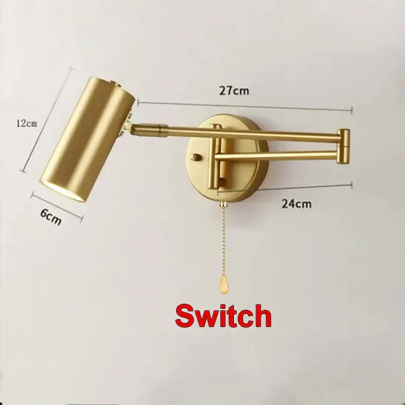 Modern brass adjustable e27 led wall lamp with gold finish and pull-chain switch for bedroom reading decorbites adjustable e27