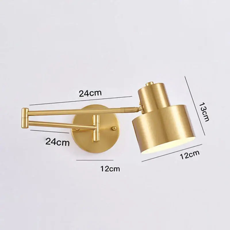 Modern brass adjustable e27 led wall lamp with gold finish cylindrical shade and articulated arm for bedroom reading