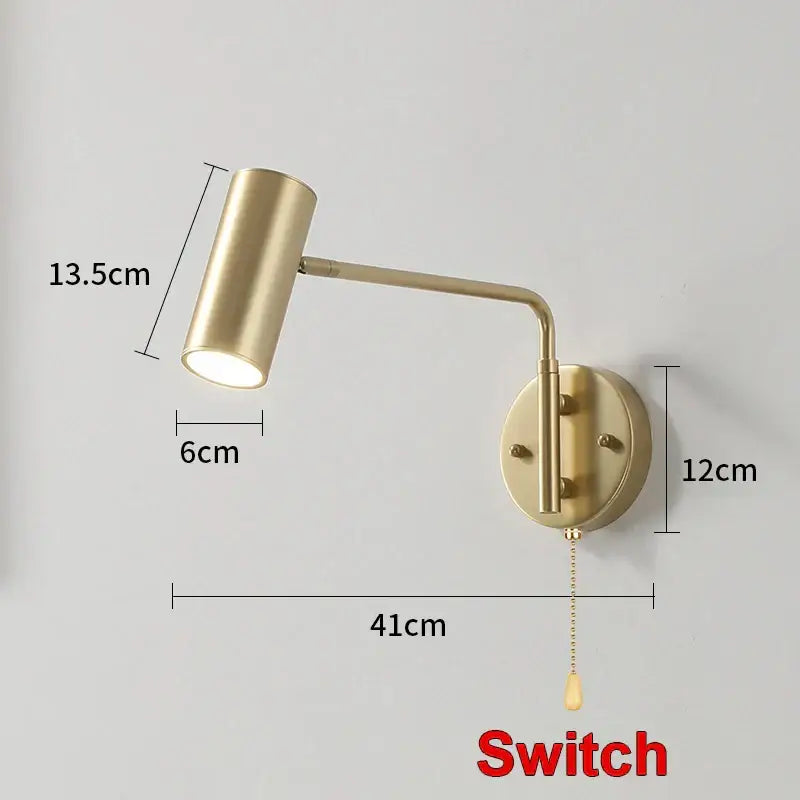 A sleek brass-finished decorbites adjustable e27 led wall lamp with cylindrical head and pull-chain switch for reading