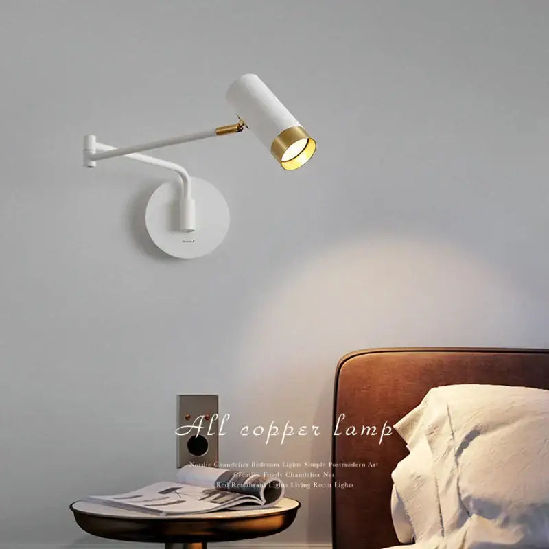 Modern brass adjustable e27 led wall lamp with white shade and gold-accented arm for bedroom reading decorbites adjustable e27