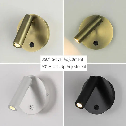 Modern brass adjustable led wall reading lamp with cylindrical head and circular base by decorbites adjustable led wall