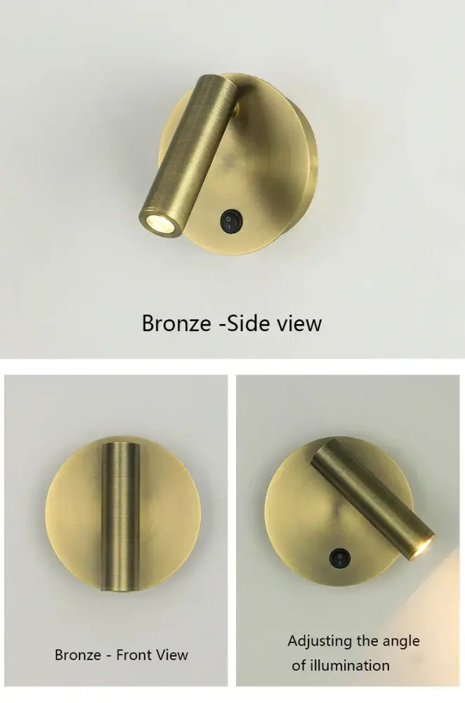 Modern brass adjustable led wall reading lamp with cylindrical head and circular base for bedroom decorbites adjustable led use