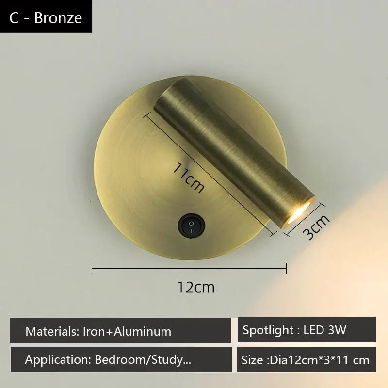 Modern brass adjustable led wall reading lamp with bronze circular spotlight and iron aluminum construction for bedroom decorbites adjustable led wall