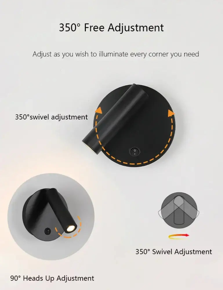 Modern brass adjustable led wall reading lamp in black with 350° swivel and 90° tilt for flexible led wall lighting decorbites adjustable led