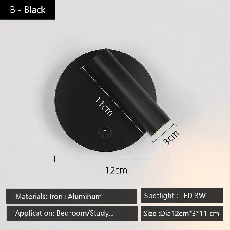 Black circular adjustable led wall spotlight with iron and aluminum finish 3cm cylindrical head by decorbites adjustable led