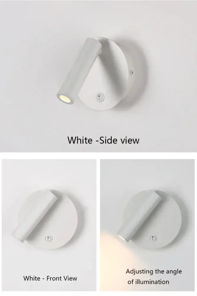 Modern brass adjustable led wall reading lamp with white minimalist cylindrical head and adjustable angle for focused illumination