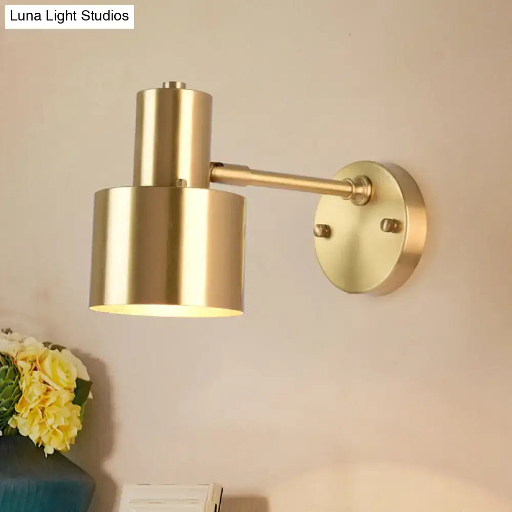 Modern brass adjustable wall spotlight with cylindrical shade and circular mounting plate for dining room 110v-120v use