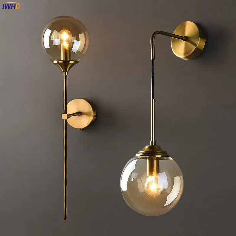 Modern brass and amber decorbites glass ball wall lamp with spherical amber glass shades for bedroom decorbites led wall lamp