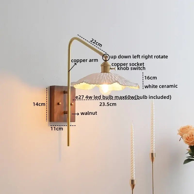 Modern wall lights featuring a vintage brass copper led arm with a walnut mount and white ceramic lampshade