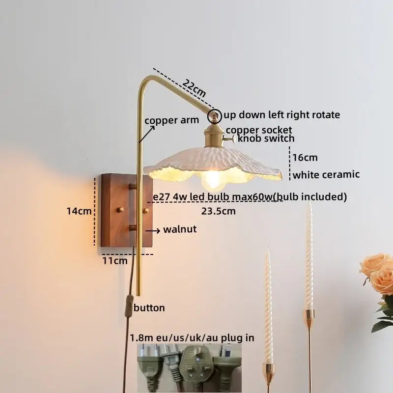 Brass-finished wall lights with white ceramic shade and copper arm for modern glass copper led bedroom sconce