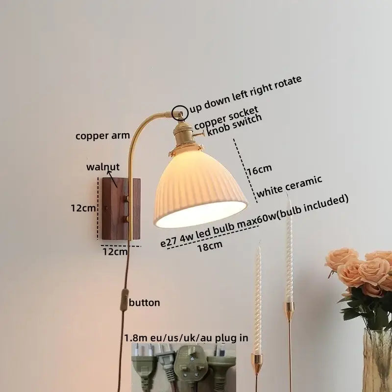 Modern brass and amber glass copper led wall lights featuring a vintage copper led wall lamp with walnut base and ceramic shade