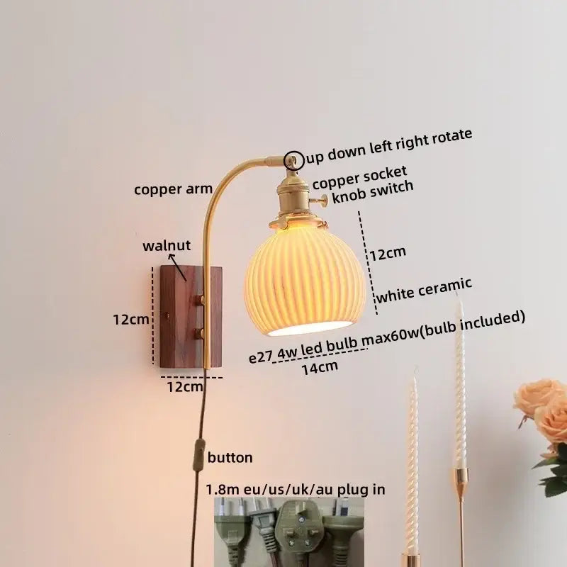 Modern copper led wall lights featuring a copper arm, ribbed white ceramic lampshade, and walnut mounting plate