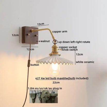 A vintage-style wall light with a brass copper arm, walnut plate, and white ceramic shade for elegant copper led wall use