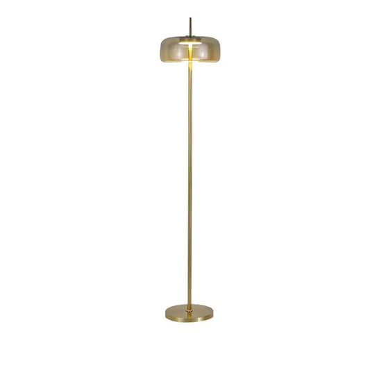 Modern brass and amber glass led floor lamp with a tall pole and warm light for stylish living room lighting
