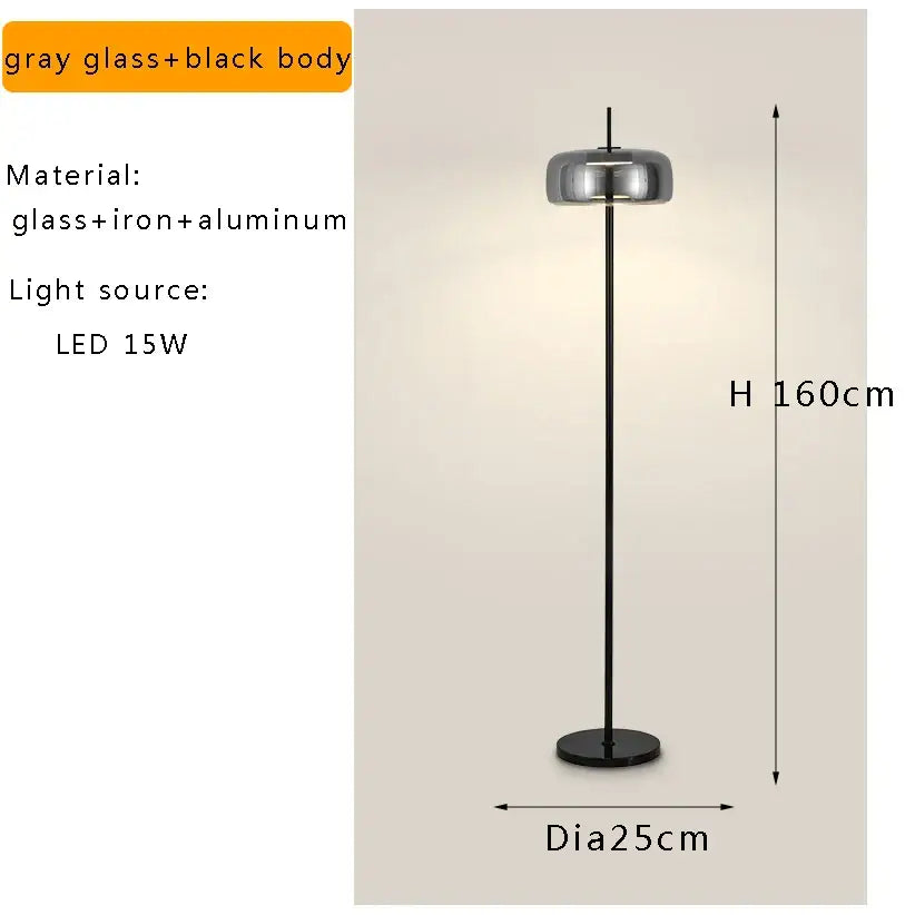 A sleek 160cm tall led floor lamp with gray glass dome and black iron-aluminum base for modern living room lighting