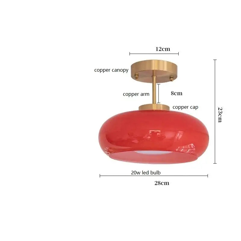 Vibrant red glossy glass pendant light with brass-finished copper bauhaus led canopy for kitchen decorbites lighting