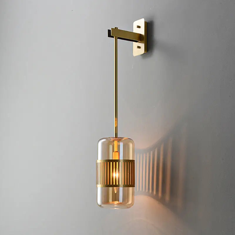 Modern brass and amber glass wall sconce with cylindrical amber shade and vertical stripes for 220v-240v 110v-120v modern wall light
