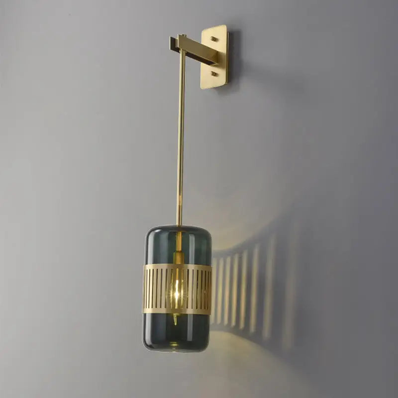 Modern brass and amber glass wall sconce with dark green glass cylinder and gold accents for 220v-240v 110v-120v modern wall light