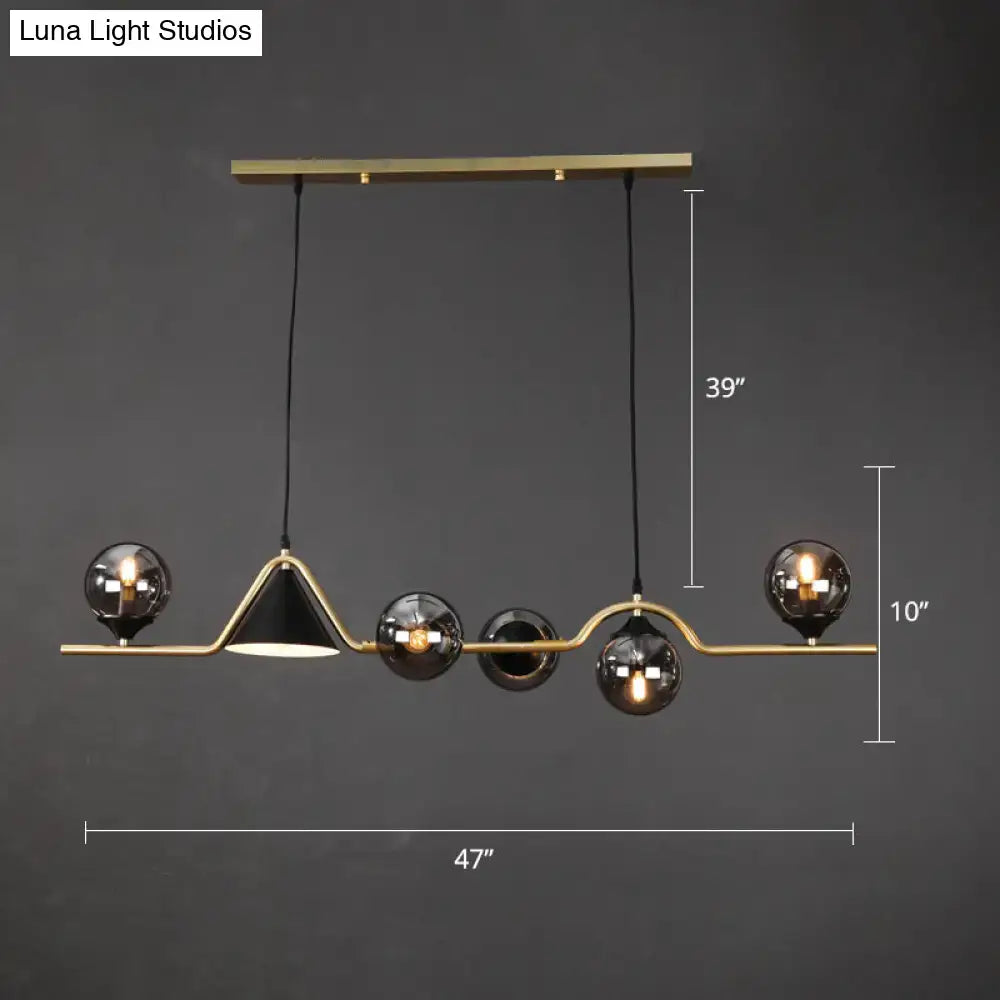 DecorBites modern brass ball hanging island light with black glass globe bulbs and central conical shade for dining room