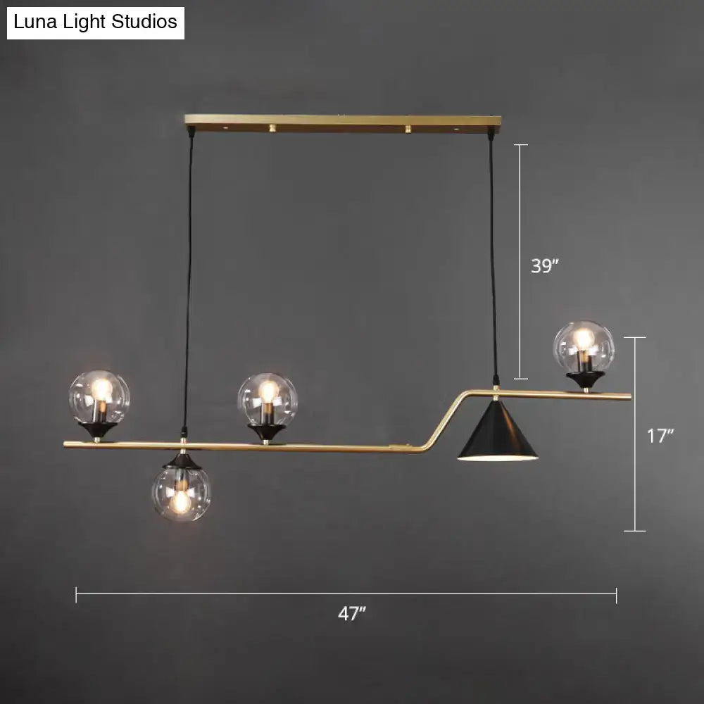 Modern brass and black decorbites minimalist ball hanging island light with four spherical glass bulbs and conical shade