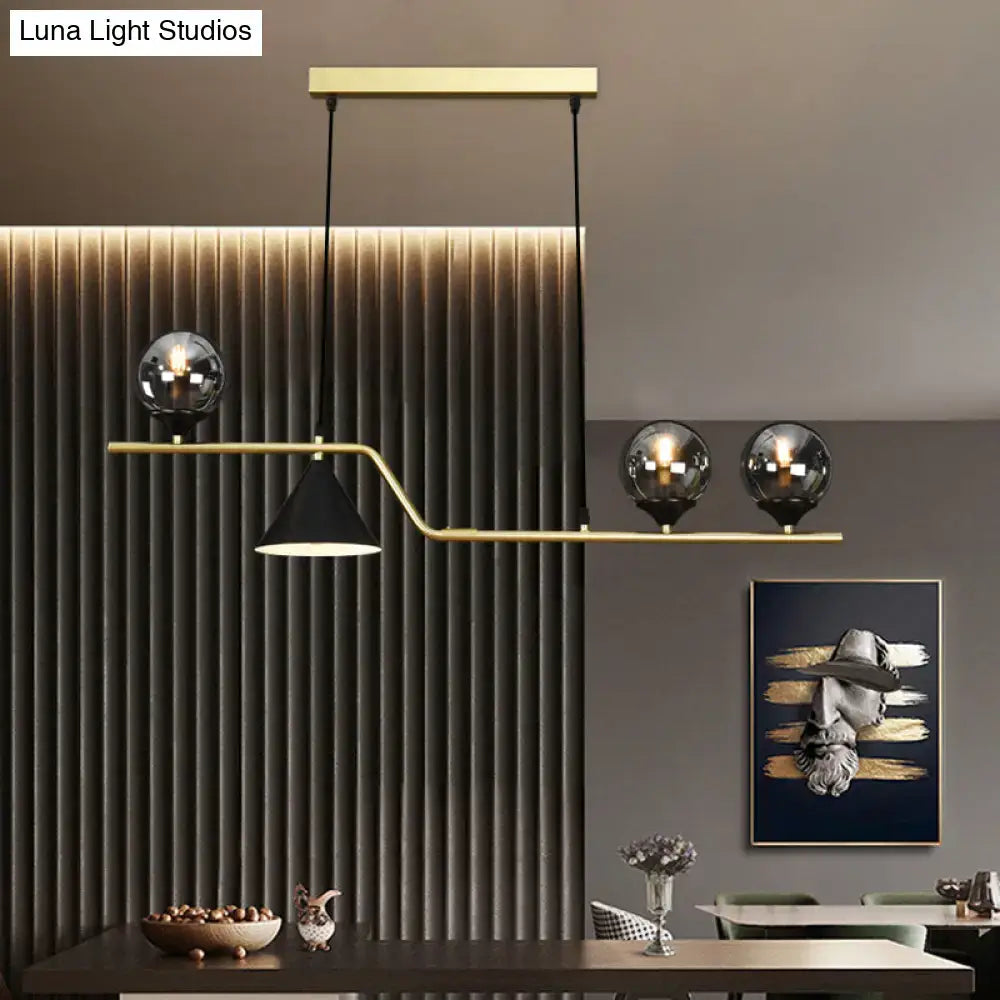 Modern brass DecorBites™ minimalist gold metal dining pendant lamp with three spherical glass bulbs and black cone shade ball hanging island light