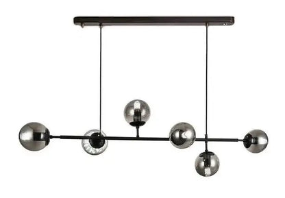 Modern brass and black art glass ball chandelier with black art glass globes in varying sizes for living room light